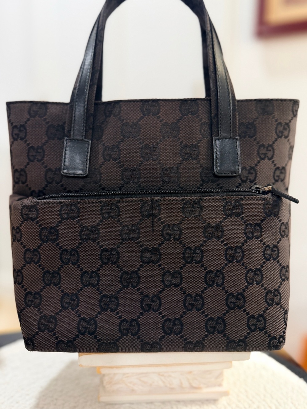 Gucci Canvas Small GG Canvas Dark Brown Top Handle + GG Dust Bag COA
